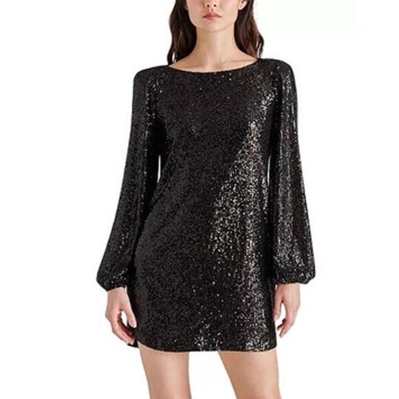 Steve Madden Delorean Long Sleeve Sequin Mini Dress Black Medium - Picture 1 of 8
